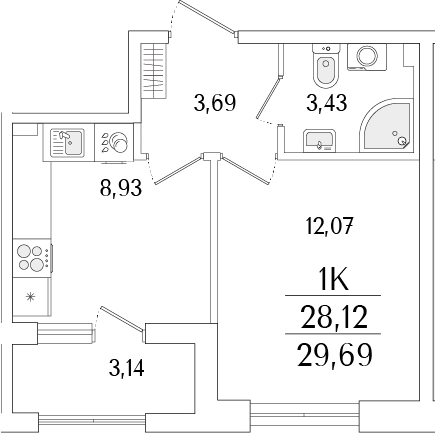 Планировка — Гранат, 1-комн., 28 м²