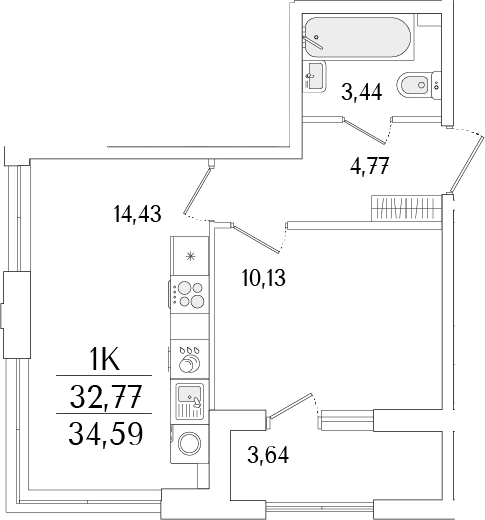 Планировка — Гранат, 2-комн., 33 м²