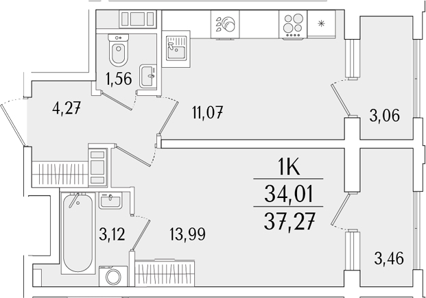 Планировка — Гранат, 1-комн., 34 м²