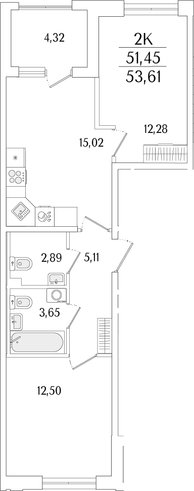 Планировка — Гранат, 3-комн., 51 м²
