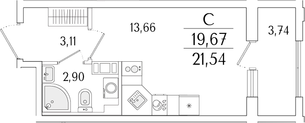Планировка — Гранат, Студия, 20 м²