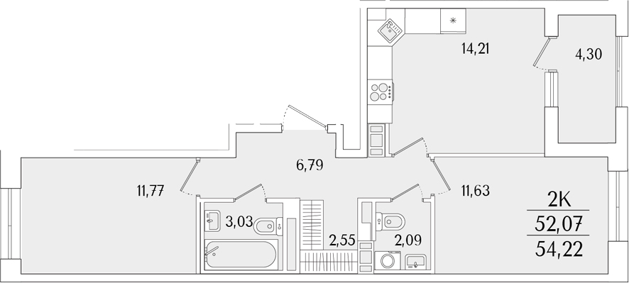 Планировка — Гранат, 2-комн., 52 м²