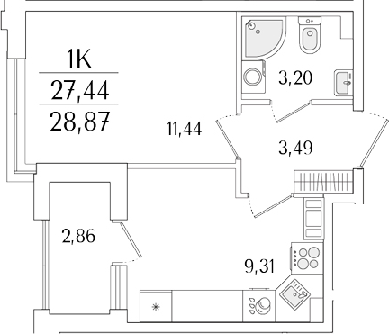 Планировка — Гранат, 1-комн., 27 м²