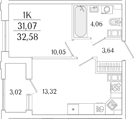 Планировка — Гранат, 1-комн., 31 м²