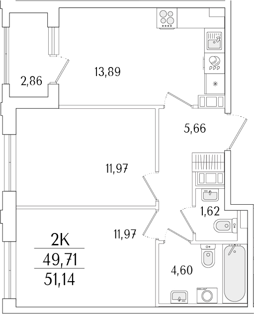 Планировка — Гранат, 2-комн., 50 м²