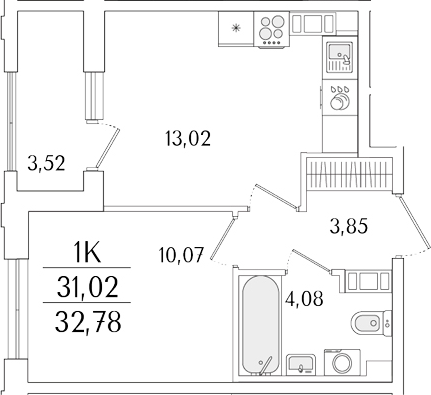 Планировка — Гранат, 1-комн., 31 м²