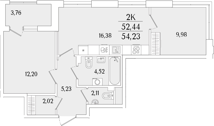 Планировка — Гранат, 3-комн., 52 м²