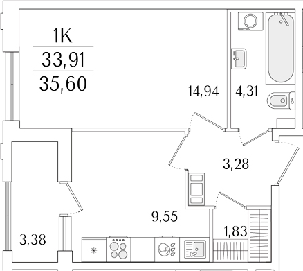 Планировка — Гранат, 1-комн., 34 м²