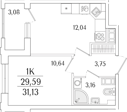 Планировка — Гранат, 1-комн., 30 м²