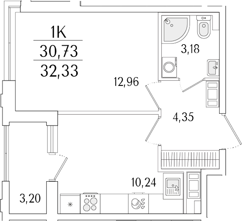 Планировка — Гранат, 1-комн., 31 м²