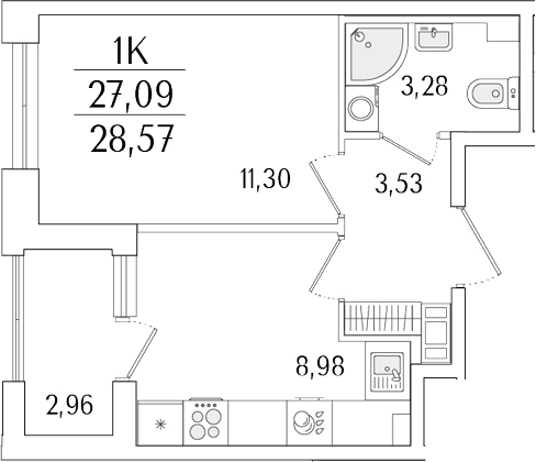 Планировка — Гранат, 1-комн., 27 м²