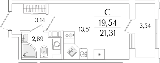 Планировка — Гранат, Студия, 20 м²