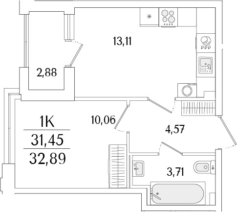 Планировка — Гранат, 2-комн., 31 м²