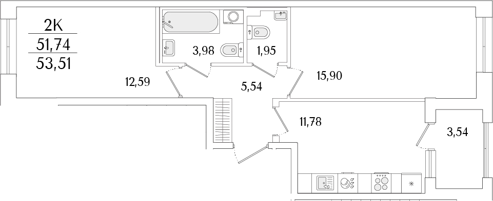 Планировка — Гранат, 2-комн., 52 м²