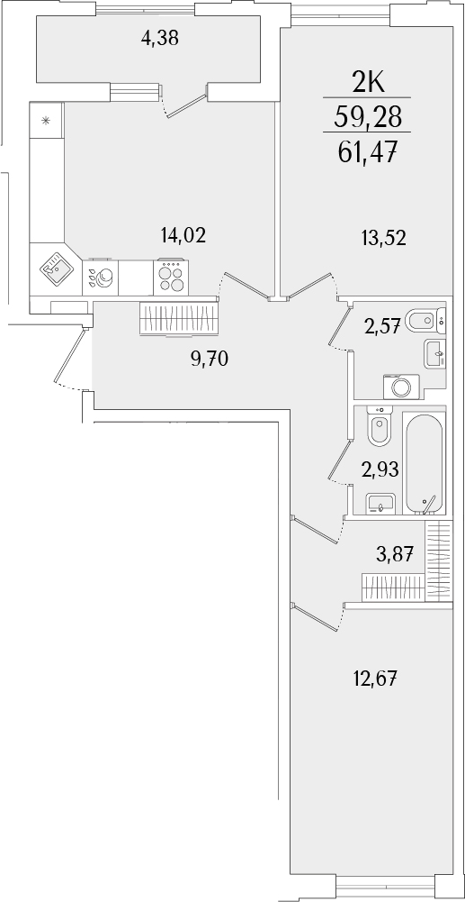 Планировка — Гранат, 3-комн., 59 м²
