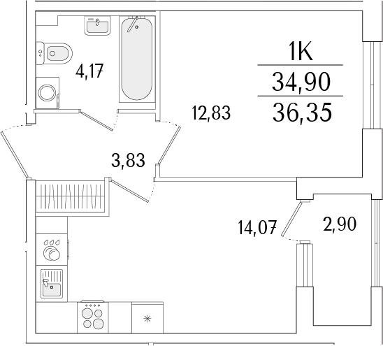 Планировка — Гранат, 1-комн., 35 м²