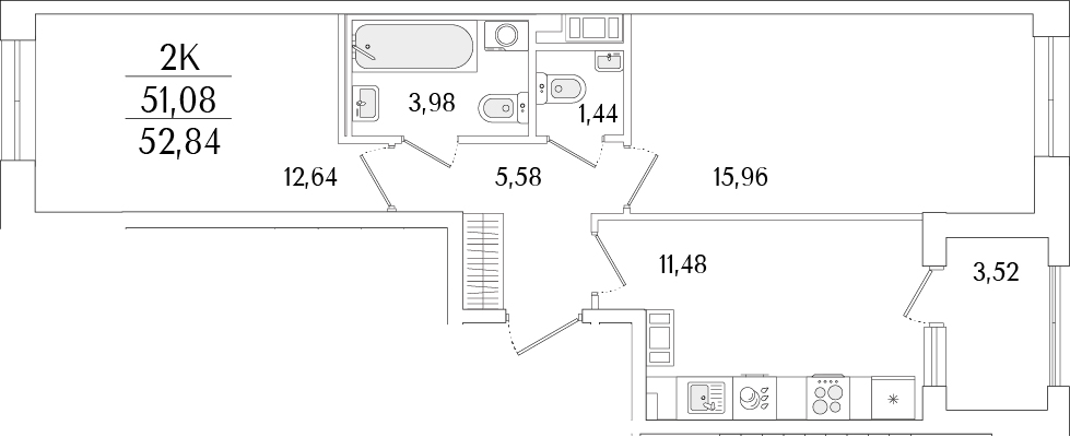 Планировка — Гранат, 2-комн., 51 м²
