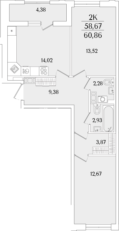 Планировка — Гранат, 3-комн., 59 м²