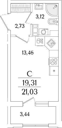 Планировка — Гранат, Студия, 19 м²
