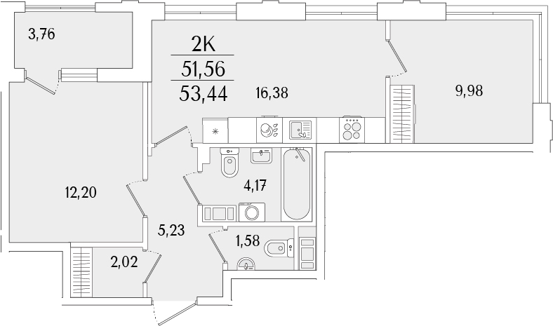 Планировка — Гранат, 3-комн., 52 м²