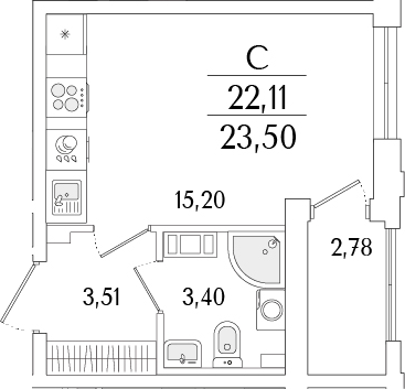 Планировка — Гранат, Студия, 22 м²