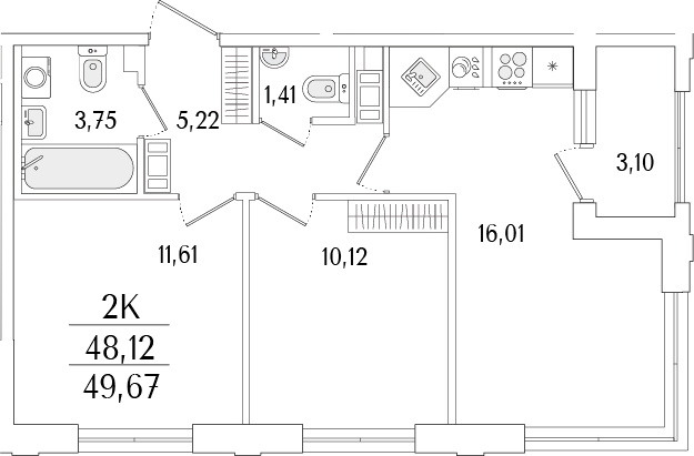 Планировка — Гранат, 3-комн., 48 м²