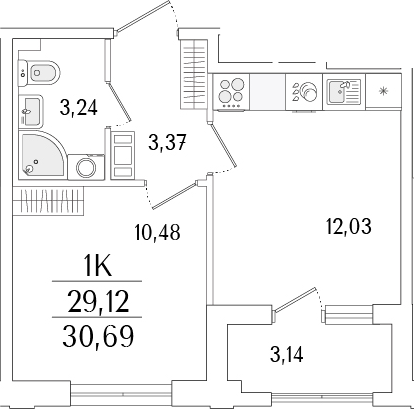 Планировка — Гранат, 2-комн., 29 м²
