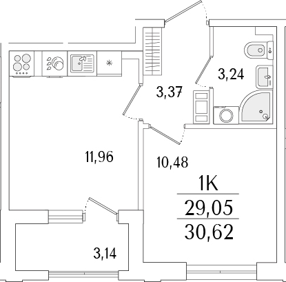 Планировка — Гранат, 2-комн., 29 м²
