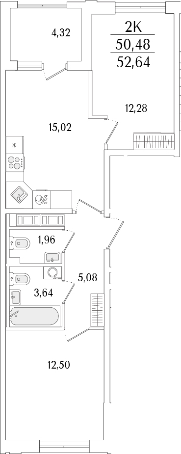 Планировка — Гранат, 3-комн., 50 м²