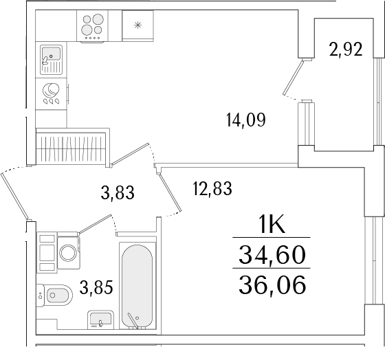 Планировка — Гранат, 1-комн., 35 м²