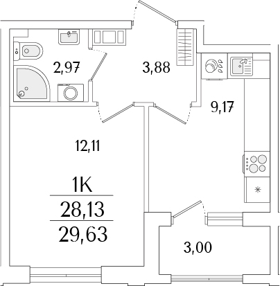 Планировка — Гранат, 1-комн., 28 м²