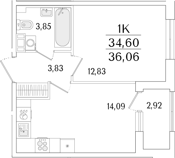 Планировка — Гранат, 1-комн., 35 м²