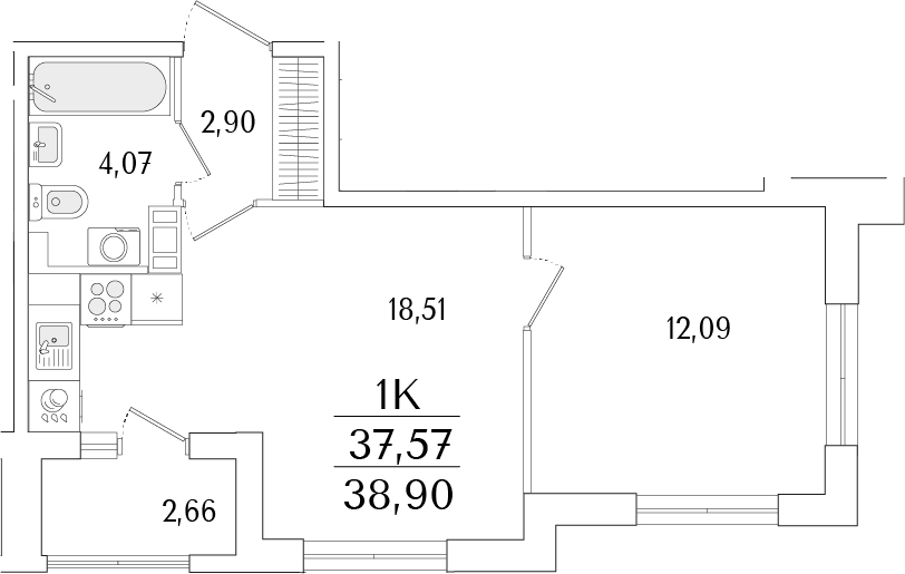 Планировка — Гранат, 2-комн., 38 м²