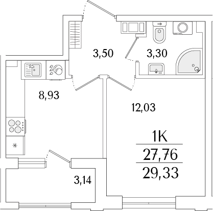 Планировка — Гранат, 1-комн., 28 м²