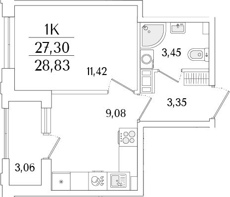 Планировка — Гранат, 1-комн., 27 м²