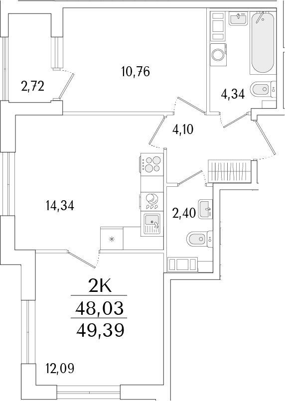 Планировка — Гранат, 2-комн., 48 м²