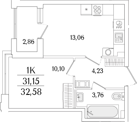 Планировка — Гранат, 2-комн., 31 м²