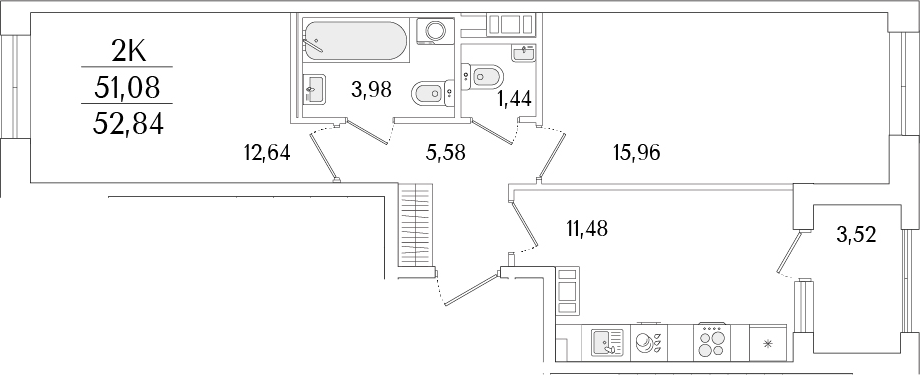 Планировка — Гранат, 2-комн., 51 м²