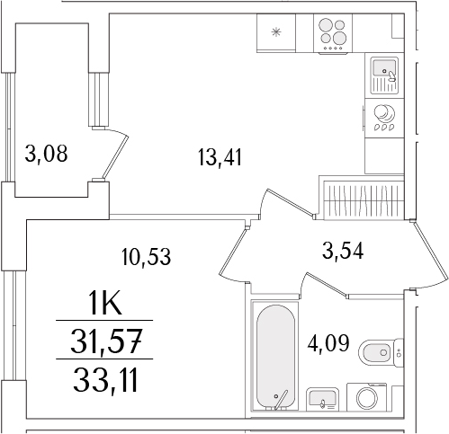 Планировка — Гранат, 2-комн., 32 м²