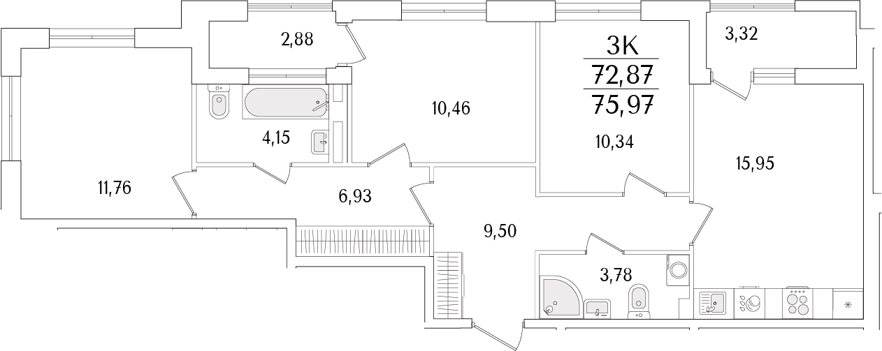 Планировка — Гранат, 4-комн., 73 м²