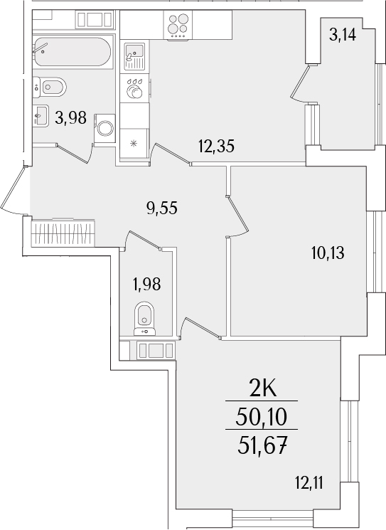 Планировка — Гранат, 2-комн., 50 м²