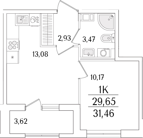 Планировка — Гранат, 2-комн., 30 м²