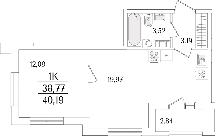 Планировка — Гранат, 2-комн., 39 м²