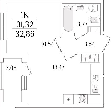 Планировка — Гранат, 2-комн., 31 м²