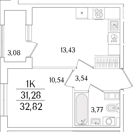 Планировка — Гранат, 2-комн., 31 м²