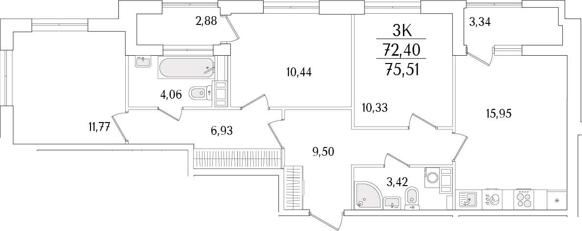 Планировка — Гранат, 4-комн., 72 м²