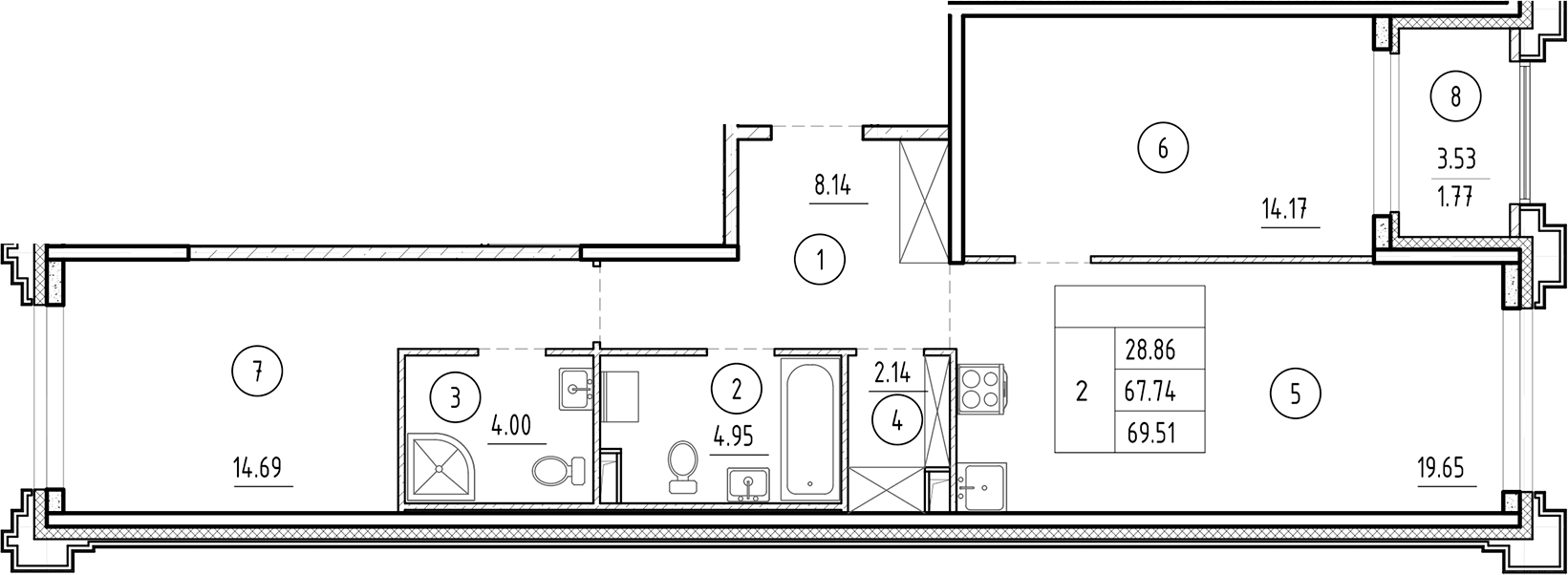 Планировка — Ассамблея, 3-комн., 68 м²