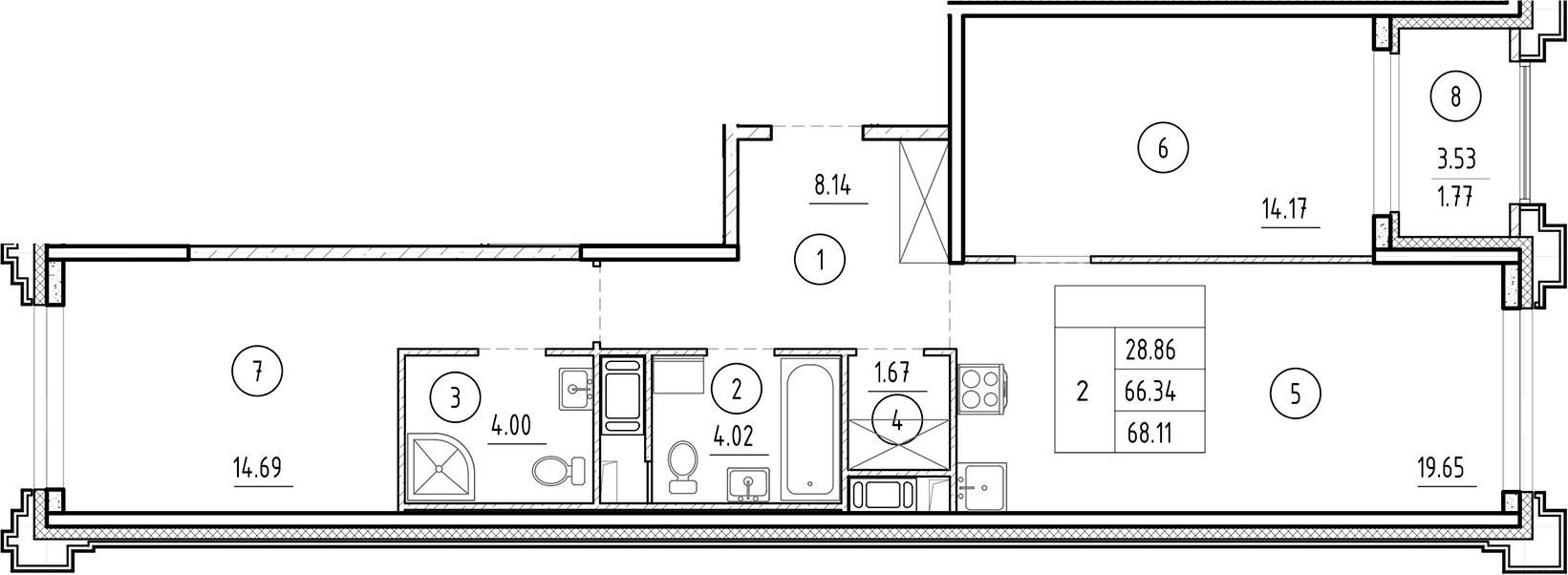 Планировка — Ассамблея, 3-комн., 66 м²
