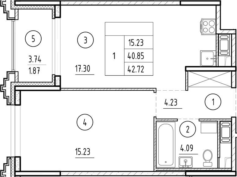 Планировка — Ассамблея, 2-комн., 41 м²