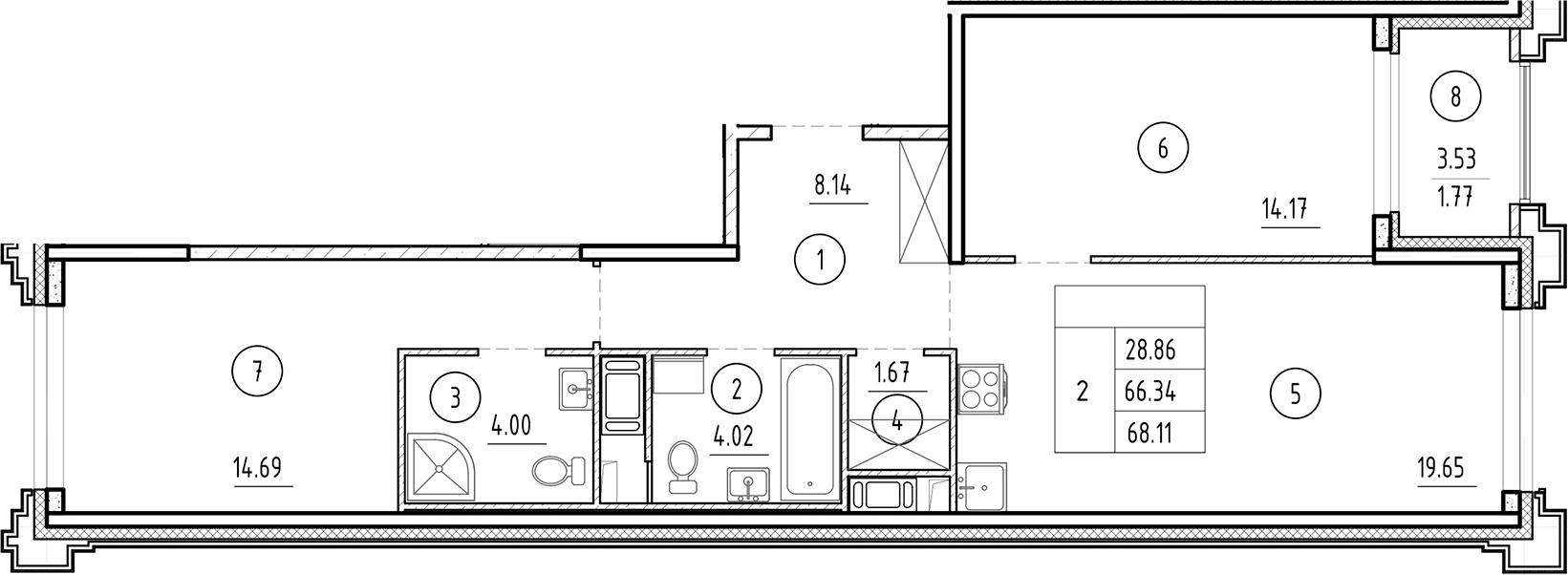 Планировка — Ассамблея, 3-комн., 66 м²